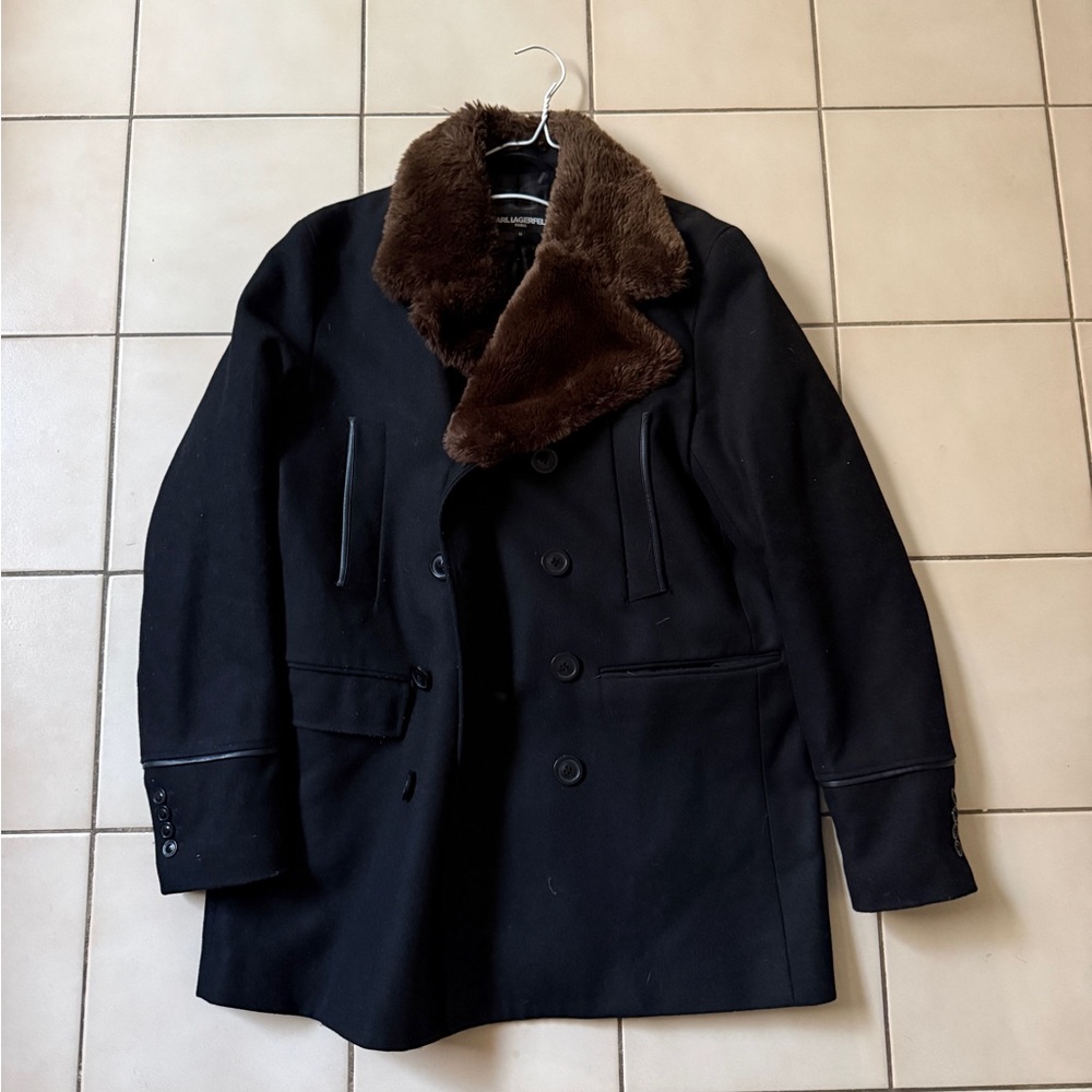 Karl Lagerfeld Men's Black Double-Breasted Coat with Brown Fur Collar